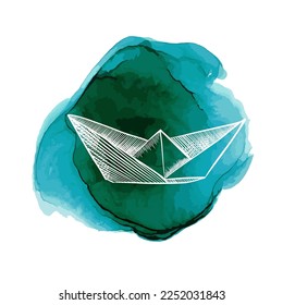 The object is a paper boat on a watercolor blot. Vector illustration