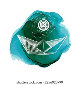 The object is a paper boat on a watercolor blot. Vector illustration