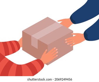 Object passed from hand to hand on white background. Carton box passing from one person to another flat vector illustration. Presenting gift, fast delivery, courier and client concept