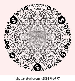  Object pattern is created from random dollar price icons as fireworks sphere. Abstract round cluster collage is designed from dollar price symbols.