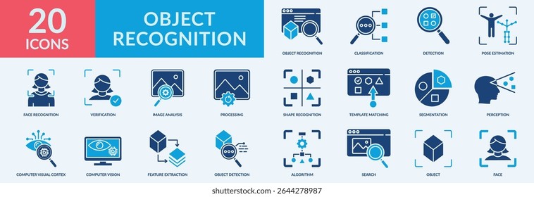 Conjunto de coleta de ícones de reconhecimento de objetos com estimativa de pose, reconhecimento de face, análise de imagem, visão do computador, detecção de objetos