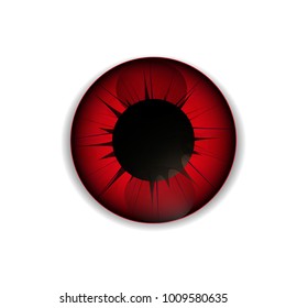 An object of red color is represented in the form of a human eye or a lens with a pupil.