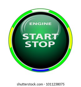 An object is represented in the form of a bulky round convex green button for a site with highlights, in the body, an inscription engine, start, stop.