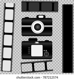 An object is represented in the form of a camera, with a display and an objective lens and plus and minus buttons, a front view and a rear view.