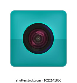 An object is represented in the form of a camera with an objective, colored glare and a lens.