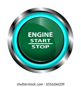 The object is represented in the form of a green engine start button in a metal case with a neon illumination with a glass glare and inscriptions of a white color engine, start, stop.