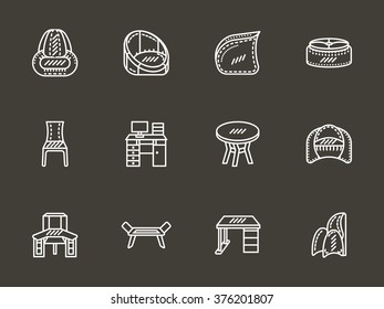Object of room interior. Chairs, tables and other furniture samples. Set of white simple line vector icons on black background. Elements of web design for business and website. 