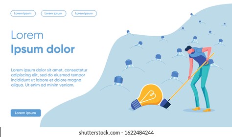Object Separation for Bright Idea, Illustration. Banner Guy in Casual Wear Digging with Shovel. Extinct Light Bulbs Grow in Ground, Man Dug Glowing Light Bulb from Ground, Cartoon.