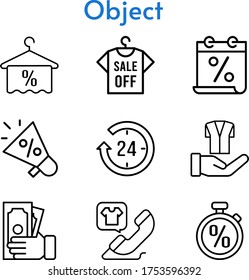 object set. included calendar, megaphone, 24-hours, shirt, money, towel, jacket, phone call, stopwatch icons. linear styles.