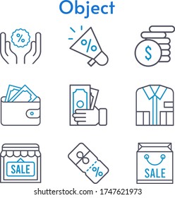 object set. included megaphone, shopping bag, wallet, shirt, shop, money, discount icons. bicolor styles.