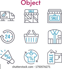 conjunto de objetos. incluye megáfono, bolso de compra, 24 horas, tienda, camisa, cesta de compras, iconos de camiones de reparto. estilos bicolores.