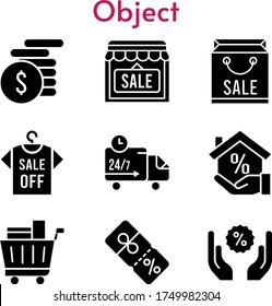 conjunto de objetos. incluyeron bolso de compras, tienda, camisa, hipoteca, dinero, carrito de compras, descuento, íconos de camiones de entrega. estilos rellenos.