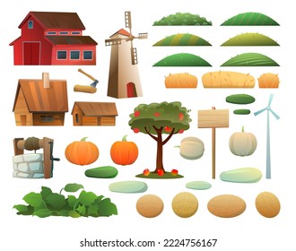 Object set Rural farm red barn. Large livestock shed. Farmer design for growing pets and animals. Hills rural vegetable garden with beds and fields of wheat. Isolated on white background. Vector