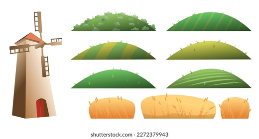 Object set Windmill for grinding flour. Hills rural vegetable garden with beds and fields of wheat. Traditional flour mill. Stone high tower with blades. Cartoon fun style. Flat design. Isolated on