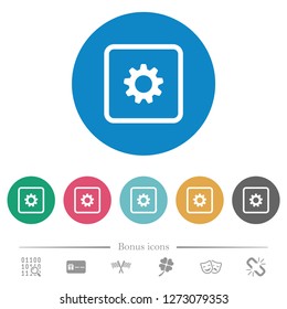 Object settings flat white icons on round color backgrounds. 6 bonus icons included.