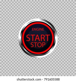 An object is shown in the form of a button for starting and turning off the engine in black in a metal casing labeled engine, start, stop red.