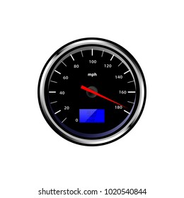 The object is shown in the form of a speedometer at the maximum speed, with numbers and a red arrow, with a blue backlight with numbers displayed and a temperature sensor.