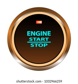 An object is shown in the form of a start button of a brown engine with a red indicator, in a metal case, with the inscription engine, start, stop.