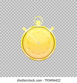 An object is shown in the form of a stopwatch of yellow or gold color with a dial and a second hand in the case with a start and stop button.