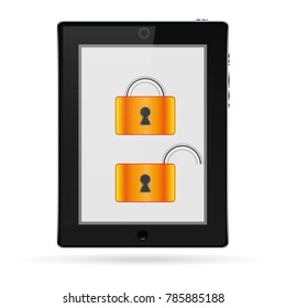 An object is shown in the form of a tablet with an image of the lock of the lock of open and closed yellow color.