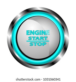 An object is shown in the form of a white engine start button in a metal casing labeled with a start, stop, engine with a blue neon lining.