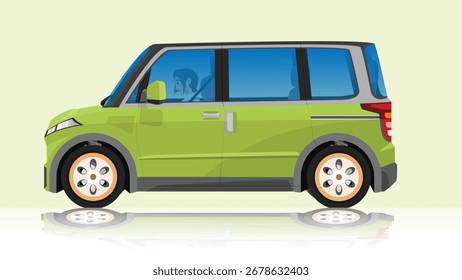 Object of side view fimily van. Driving girl in side car. Two tone color of green and black roof car. With shadow on isolated white background.