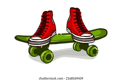 Das Objekt der Turnschuhe auf einem Skateboard. Vektorgrafik