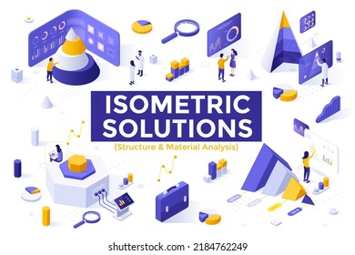 Object structure and components set - people analyzing layered charts, diagrams, graphs and researching data. Collection of isometric design elements isolated on white background. Vector illustration.