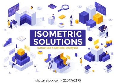 Object structure and material analysis set - people analyzing components  or parts of charts, diagrams, graphs. Bundle of isometric design elements isolated on white background. Vector illustration.