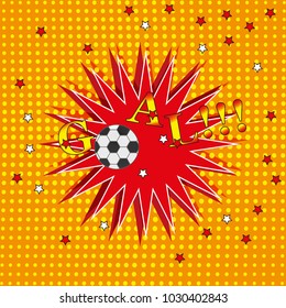 The object in the style of pop art in the form of a classic soccer ball, a burst of red color, flying stars and an inscription goal with exclamation marks. Orange background with squares.