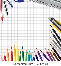 Object tool background. Pen ruler and color pencil on white background.