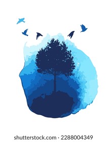 Das Objekt ist ein Baum mit Vögeln in einer Aquarellfarbe. Vektorgrafik