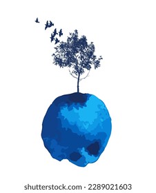 The object is a tree with birds in a watercolor. Vector illustration