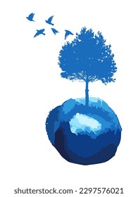 The object is a tree with birds in a watercolor. Vector illustration