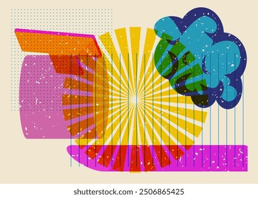 Object in trendy riso graph design. Colorful geometric shapes. Geometry elements abstract risograph print texture style.