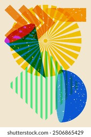 Object in trendy riso graph design. Colorful geometric shapes. Geometry elements abstract risograph print texture style.