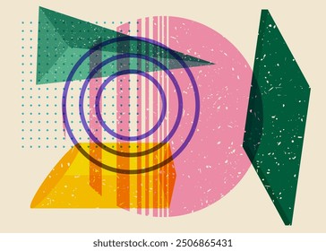 Object in trendy riso graph design. Colorful geometric shapes. Geometry elements abstract risograph print texture style.