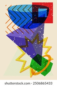 Object in trendy riso graph design. Colorful geometric shapes. Geometry elements abstract risograph print texture style.