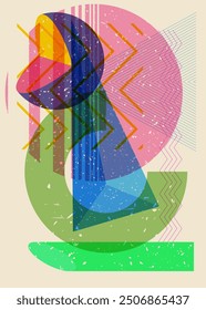 Object in trendy riso graph design. Colorful geometric shapes. Geometry elements abstract risograph print texture style.