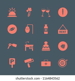 object vector icons set. with glasses wine, key tag, pencil and lamp on desk in set
