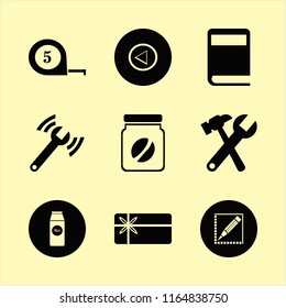 object vector icons set. with left arrow, gift card, pack milk and diagnostycs wrench in set