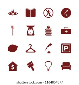 object vector icons set. with paint brush, first aid bag, parking sign and books and apple in set