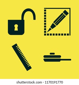 object vector icons set. with ruler, open lock, pencil and pan in set