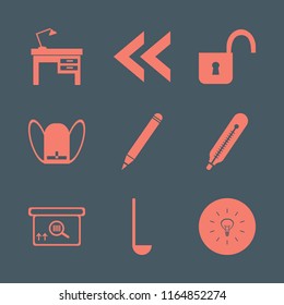 object vector icons set. with thermometer, ladle spoon, bulb and left arrow in set