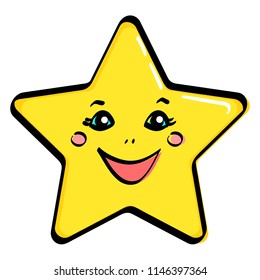 Object, yellow star with a face. Vector illustration