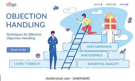 Objection Handling Flat Landing Page Template. Effective Sales Technique Website Homepage Cartoon Vector Layout. Inaccessible Price Product. Customer Character Buying Expensive Goods Illustration