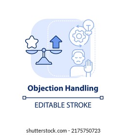 Icono de concepto azul claro de manejo de objeciones. Ilustración de línea delgada de ideas abstractas de procesos de ventas. Satisfacción del cliente. Dibujo de contorno aislado. Trazo editable. Fuentes Arial, Myriad Pro-Bold utilizadas