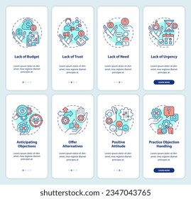 Objection handling onboarding mobile app screen set. Sales skills. Walkthrough 4 steps editable graphic instructions with linear concepts. UI, UX, GUI template. Myriad Pro-Bold, Regular fonts used