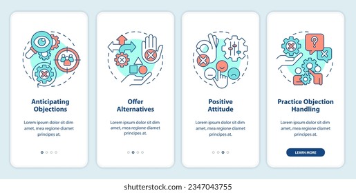 Objection handling practices onboarding mobile app screen. Sales skill walkthrough 4 steps editable graphic instructions with linear concepts. UI, UX, GUI template. Myriad Pro-Bold, Regular fonts used