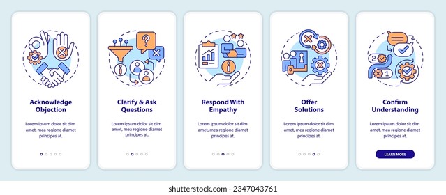 Bearbeitung von Einwänden auf mobilen App-Bildschirmen. Verkaufsstrategie Durchlaufen von 5 Schritten bearbeitbare grafische Anleitungen mit linearen Konzepten. UX, GUI-Vorlage. Myriad Pro-kühne, Standardschriftarten verwendet